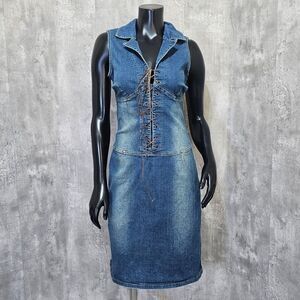 Vintage 90s Y2K Hotkiss‎ Womens M Denim Sleeveless Lace Up Dress Collared